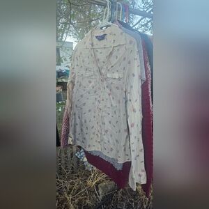 Miley Cyrus & Max Azria Floral Button Down Shirt - Cream and Pink